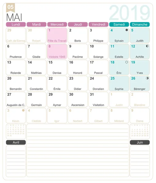 Francouzský Kalendář 2019 Květnu 2019 Francouzský Měsíčního Kalendáře Šablony Pro — Stockový vektor
