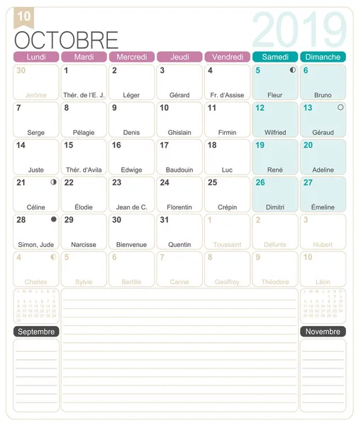 Calendario Francés 2019 Octubre 2019 Plantilla Calendario Mensual Imprimible Francés — Archivo Imágenes Vectoriales