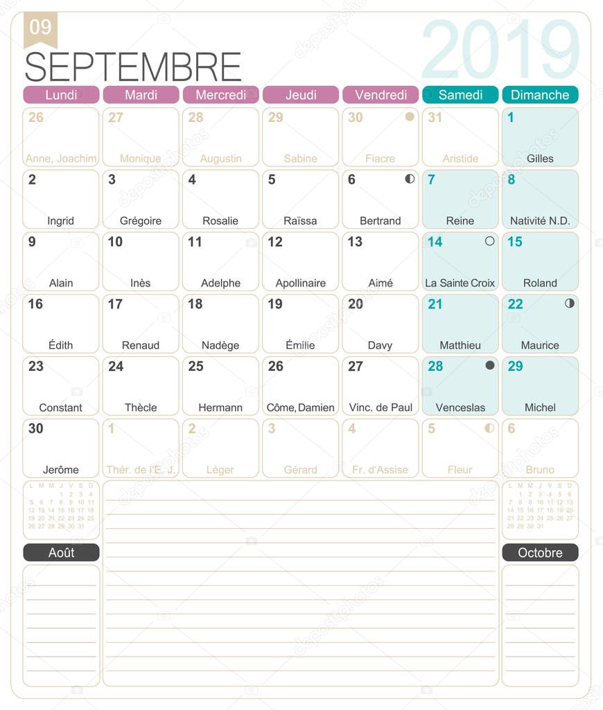 French calendar 2019 / September 2019, French printable monthly calendar template, including name days, lunar phases and official holidays.