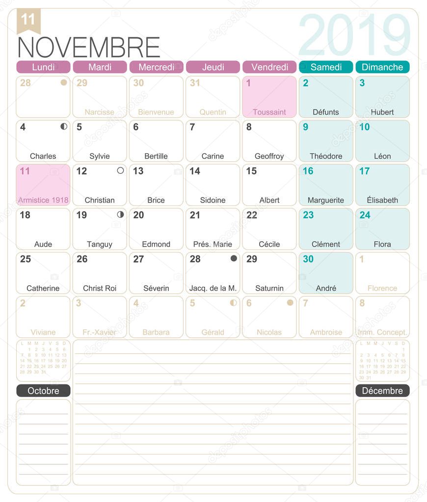 French calendar 2019 / November 2019, French printable monthly calendar template, including name days, lunar phases and official holidays.
