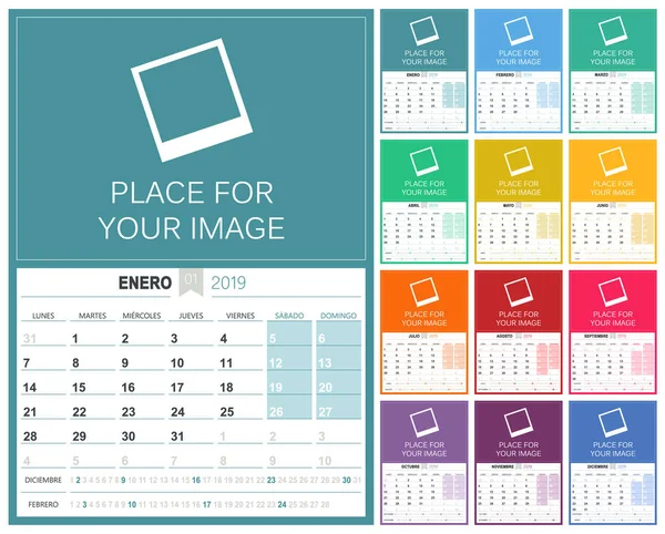 Calendário Planejamento Espanhol 2019 Semana Começa Segunda Feira Modelo Calendário — Vetor de Stock