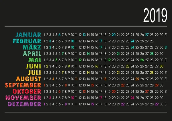 Ilustracja Wektorowa Planowanie Kalendarza Niemiecki Kalendarz Rok 2019 Czarnym Tle — Wektor stockowy