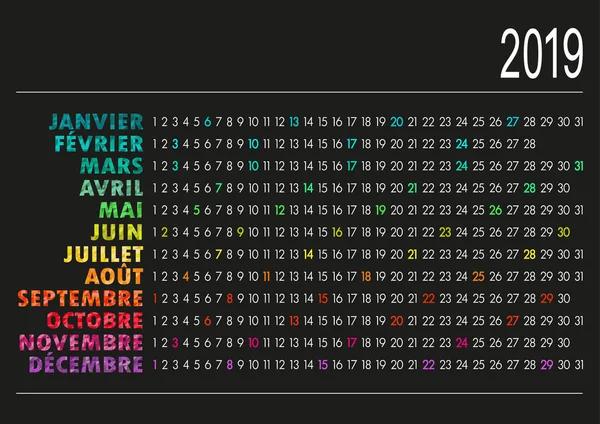 Calendario Francés Para Año 2019 Sobre Fondo Negro Calendario Planificación — Archivo Imágenes Vectoriales