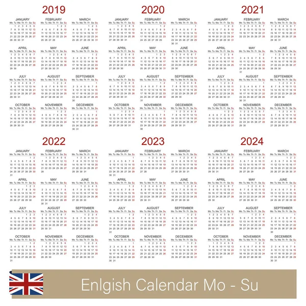 Calendario Inglés 2019 2024 Semana Comienza Lunes Plantilla Calendario Simple — Archivo Imágenes Vectoriales