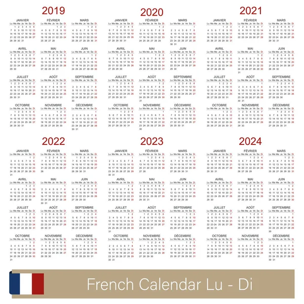 French Calendar 2019 2024 Week Starts Monday Simple Calendar Template — Stock Vector