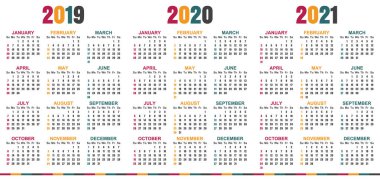 Takvim 2019-2021, hafta başlar Pazar günü, basit takvim şablonu yazdırılabilir takvim kalıp, 2019, 2020 ve 2021, için planlama İngilizce illüstrasyon vektör