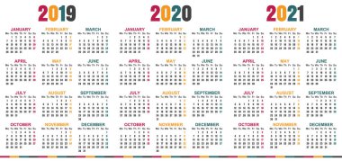 Takvim 2019-2021, hafta başlıyor Pazartesi, basit takvim şablonu yazdırılabilir takvim kalıp, 2019, 2020 ve 2021, için planlama İngilizce illüstrasyon vektör