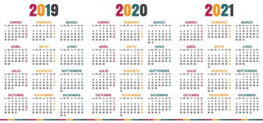 Takvim 2019-2021, hafta başlıyor Pazartesi, basit takvim şablonu yazdırılabilir takvim kalıp, 2019, 2020 ve 2021, için planlama İspanyolca illüstrasyon vektör