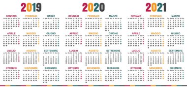 İtalyan planlama takvim 2019-2021, Pazartesi günü, 2019, 2020 ve 2021, yazdırılabilir takvim kalıp, vektör çizim için basit takvim şablonu hafta başlıyor