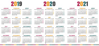 Almanca takvim 2019-2021, planlama, basit takvimi şablonunu 2019, 2020 ve 2021, yazdırılabilir takvim kalıp, vektör çizim için Pazartesi günü hafta başlıyor