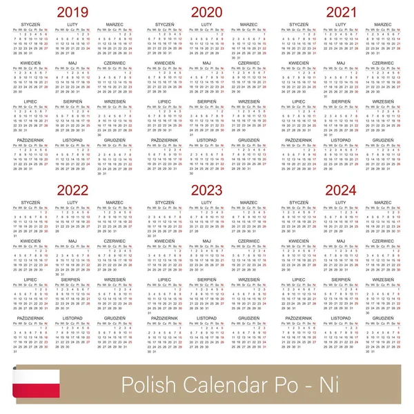 Polskiego Planowania Kalendarza 2019 2024 Tydzień Rozpoczyna Się Poniedziałku Prosty — Wektor stockowy