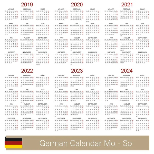 Calendario Planificación Alemán 2019 2024 Semana Comienza Lunes Plantilla Calendario — Archivo Imágenes Vectoriales
