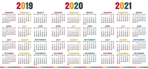 Англійська Планування Календаря 2019 2021 Тиждень Починається Понеділок Простий Календар — стоковий вектор
