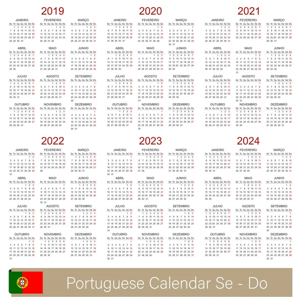 Calendario Planificación Portugués 2019 2024 Semana Comienza Lunes Plantilla Calendario — Archivo Imágenes Vectoriales