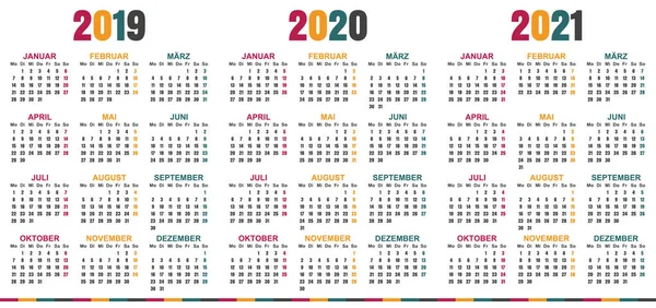 Niemiecki Planowanie Kalendarza 2019 2021 Tydzień Rozpoczyna Się Poniedziałek Prosty — Wektor stockowy