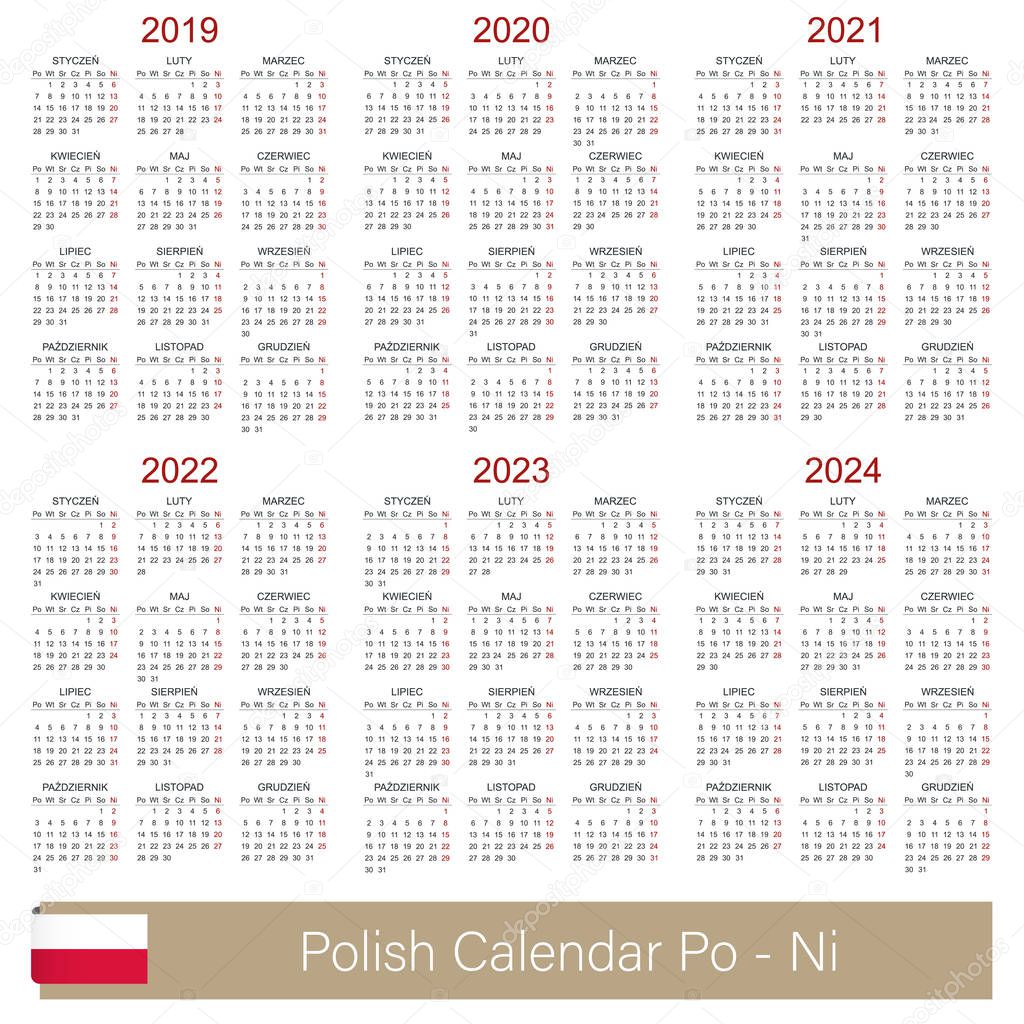 Polish planning calendar 2019 - 2024, week starts on Monday, simple calendar template for 2019, 2020, 2021, 2022, 2023 and 2024, printable calendar templates, vector illustration