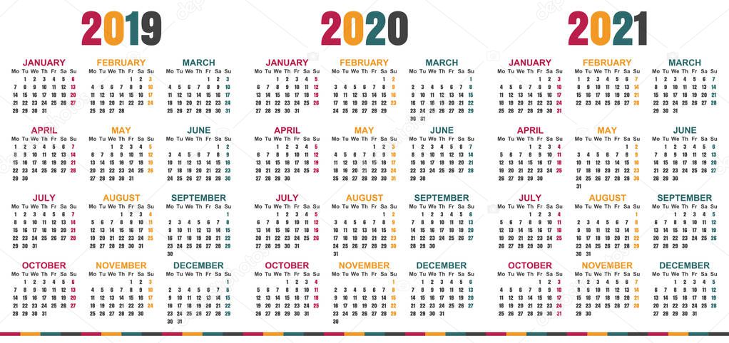 English planning calendar 2019 - 2021, week starts on Monday, simple calendar template for 2019, 2020 and 2021, printable calendar templates, vector illustration