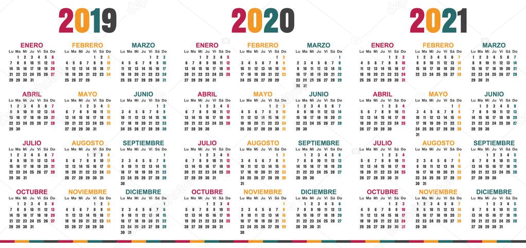 Spanish planning calendar 2019 - 2021, week starts on Monday, simple calendar template for 2019, 2020 and 2021, printable calendar templates, vector illustration