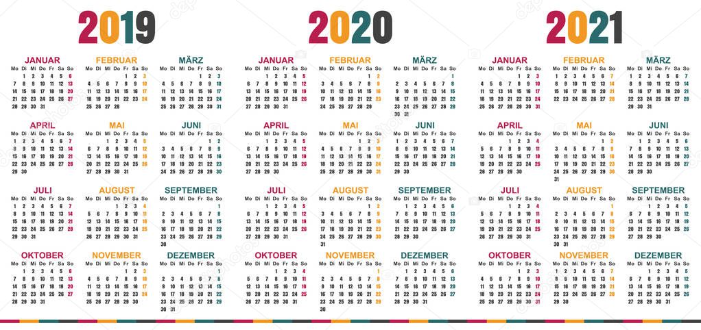 German planning calendar 2019 - 2021, week starts on Monday, simple calendar template for 2019, 2020 and 2021, printable calendar templates, vector illustration