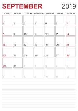 Türkçe takvim 2019 / aylık planlayıcısı takvim Eylül 2019, Pazar günü hafta başlıyor, Resepsiyon takvimi şablonunu, vektör çizim