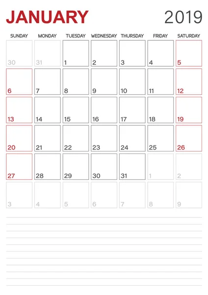 Αγγλικά Ημερολόγιο 2019 Μηνιαία Planner Ημερολόγιο Ιανουαρίου 2019 Εβδομάδα Ξεκινά — Διανυσματικό Αρχείο