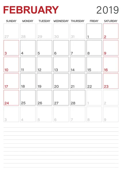 Calendario Inglés 2019 Calendario Planificación Mensual Febrero 2019 Semana Comienza — Archivo Imágenes Vectoriales