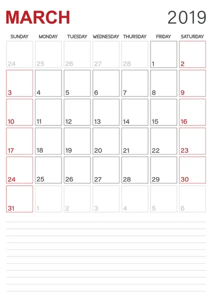 Ελληνικά Ημερολόγιο Μηνιαίο Ημερολόγιο Planner Μαρτίου Του 2019 Εβδομάδα Ξεκινά — Διανυσματικό Αρχείο
