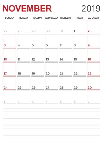 Calendario Inglés 2019 Calendario Mensual Noviembre 2019 Semana Comienza Domingo — Archivo Imágenes Vectoriales