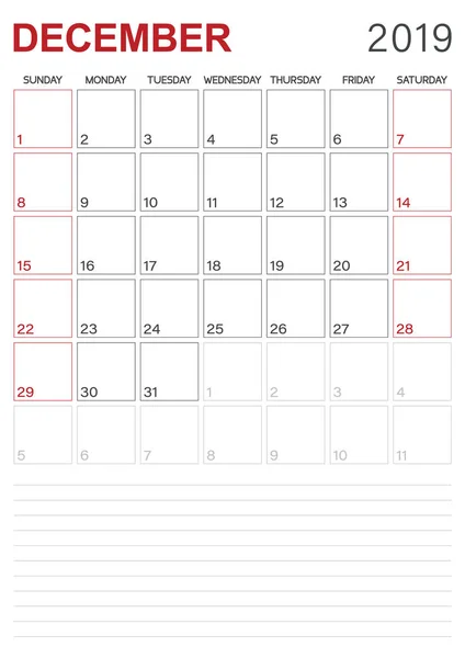 Calendario Inglés 2019 Calendario Mensual Diciembre 2019 Semana Comienza Domingo — Archivo Imágenes Vectoriales