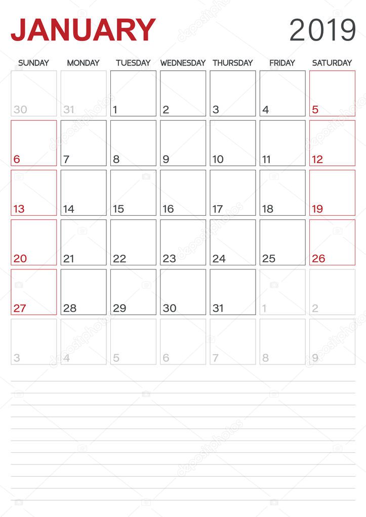 English calendar 2019 / monthly planner calendar January 2019, week starts on Sunday, desk calendar template, vector illustration