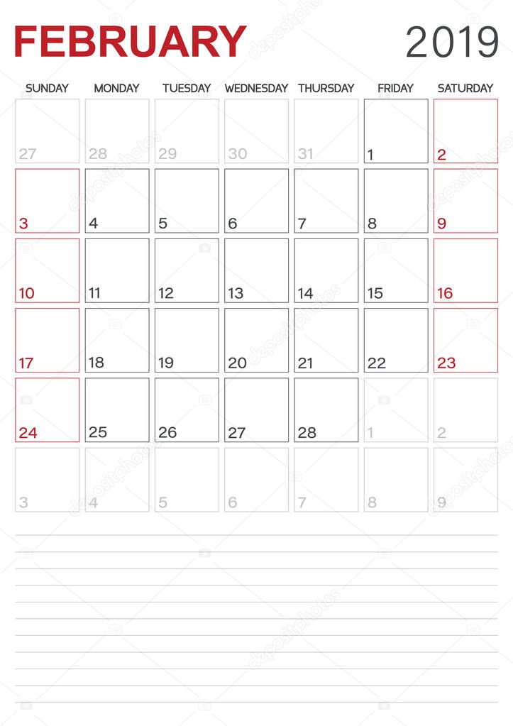 English calendar 2019 / monthly planner calendar February 2019, week starts on Sunday, desk calendar template, vector illustration