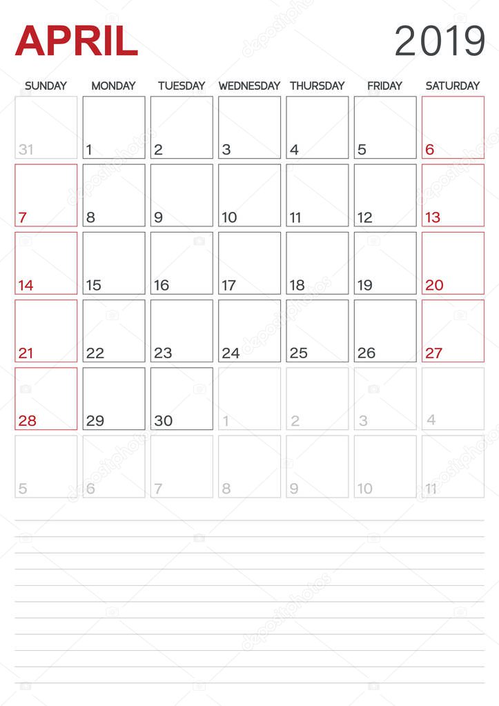 Egnlish calendar 2019 / monthly planner calendar April 2019, week starts on Sunday, desk calendar template, vector illustration