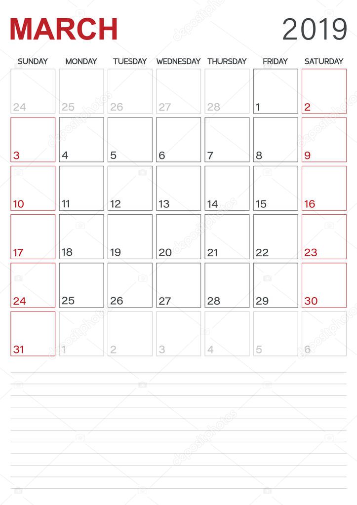 English calendar / monthly planner calendar March 2019, week starts on Sunday, desk calendar template, vector illustration