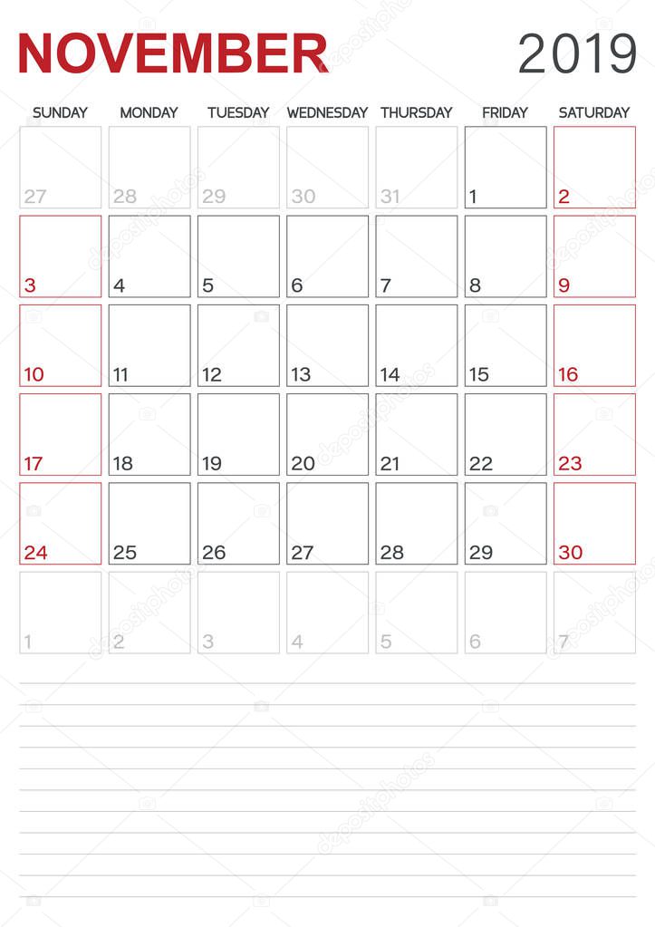 English calendar 2019 / monthly planner calendar November 2019, week starts on Sunday, desk calendar template, vector illustration