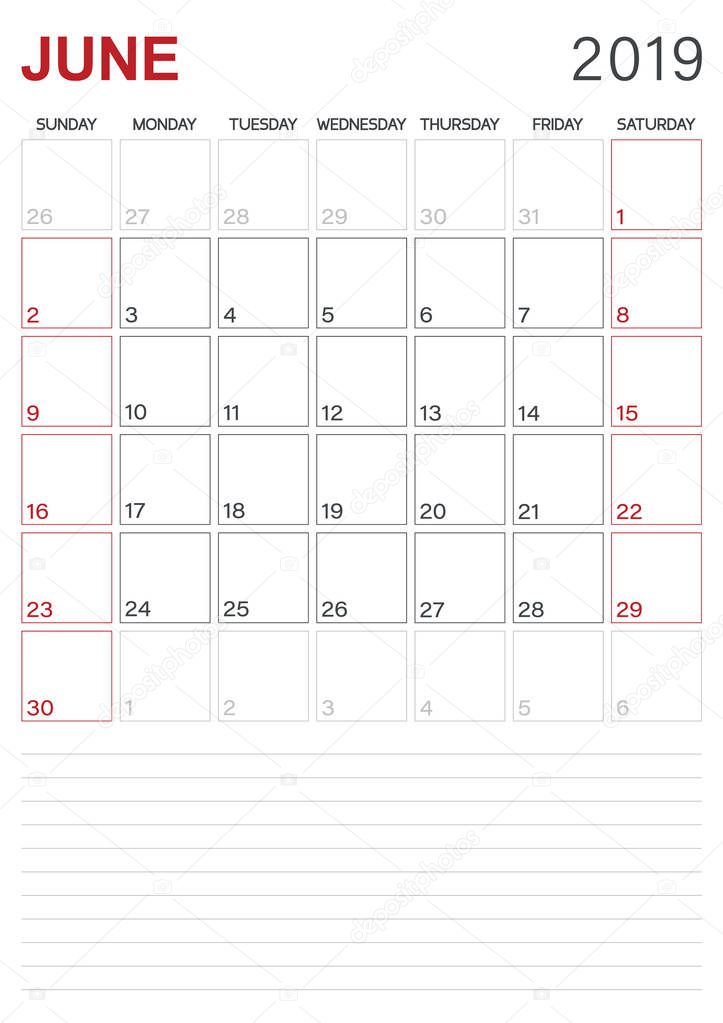 English calendar 2019 / monthly planner calendar June 2019, week starts on Sunday, desk calendar template, vector illustration