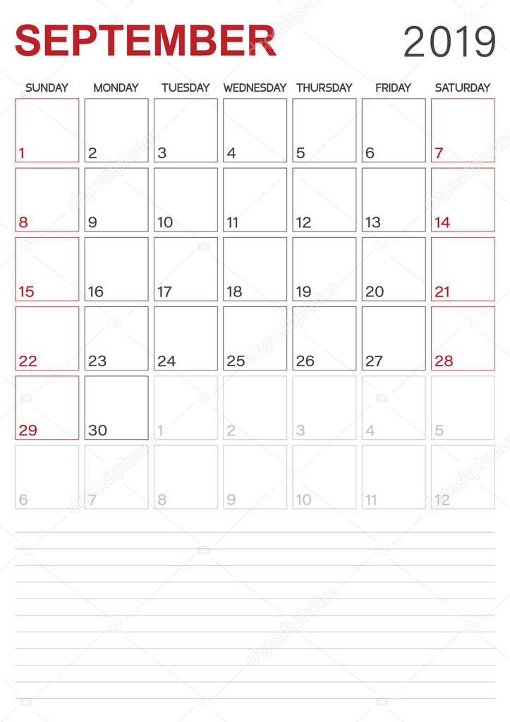 English calendar 2019 / monthly planner calendar September 2019, week starts on Sunday, desk calendar template, vector illustration
