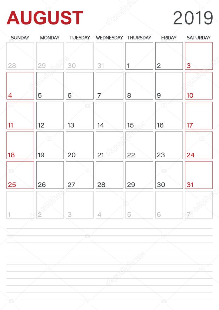 English calendar 2019 / monthly planner calendar August 2019, week starts on Sunday, desk calendar template, vector illustration