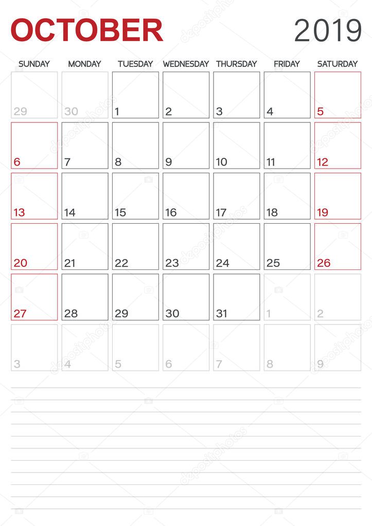 English calendar 2019 / monthly planner calendar October 2019, week starts on Sunday, desk calendar template, vector illustration