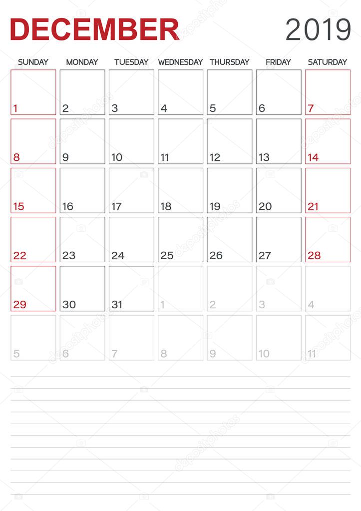 English calendar 2019 / monthly planner calendar December 2019, week starts on Sunday, desk calendar template, vector illustration