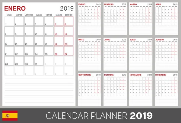 Испанский Календарь 2019 Неделя Начинается Понедельник Набор Месяцев Январь Декабрь Лицензионные Стоковые Иллюстрации