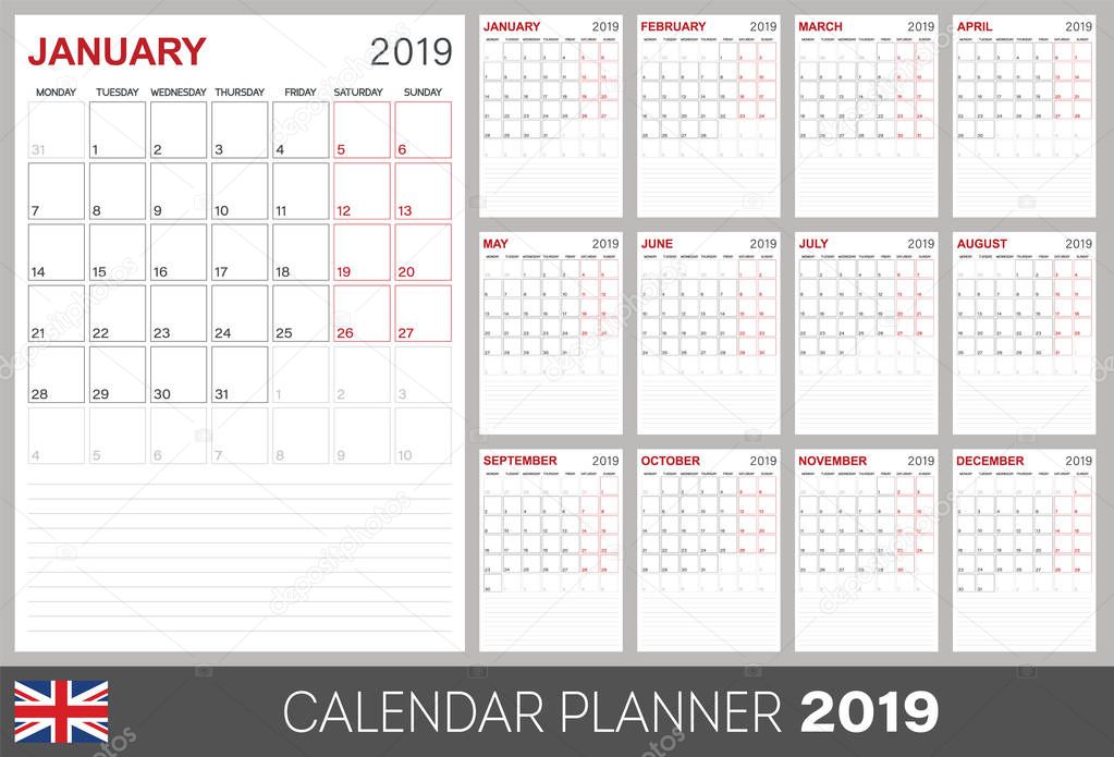 Calendar planner 2019, week starts on Monday, set of 12 months January - December, calendar template size A4, simple design on white background, set desk calendar template, vector illustration