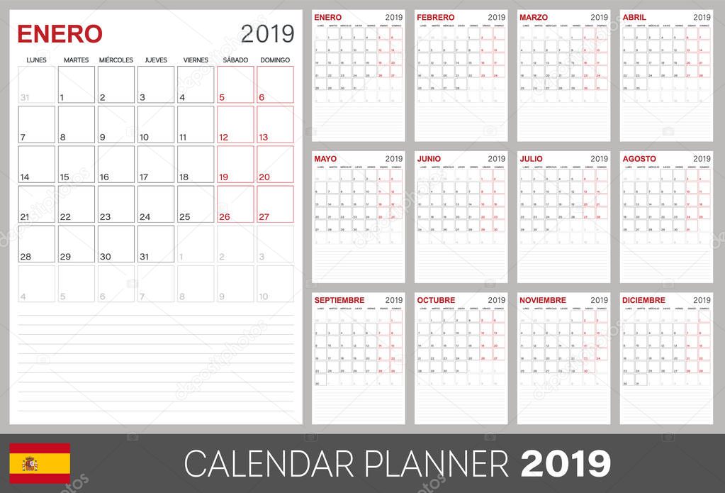 Spanish calendar planner 2019, week starts on Monday, set of 12 months January - December, calendar template size A4, simple design on white background, set desk calendar template, vector illustration