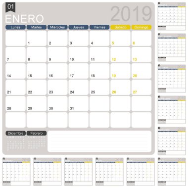 İspanyolca Takvim yıl 2019 için şablon, Takvim Planlayıcısı 2019, vektör çizim seti 12 ay, hafta Pazartesi günü başlar, yazdırılabilir takvim şablonu