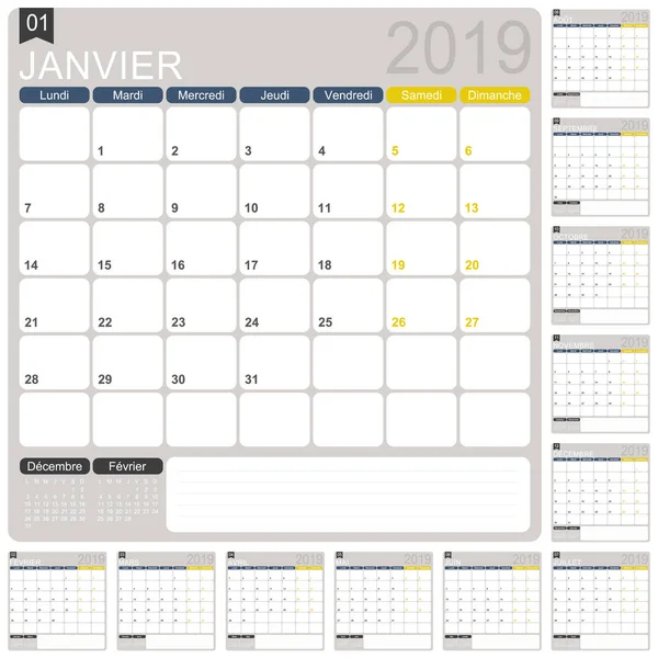 Francuski Kalendarz Szablon Roku 2019 Zestaw Miesięcy Tydzień Rozpoczyna Się — Wektor stockowy