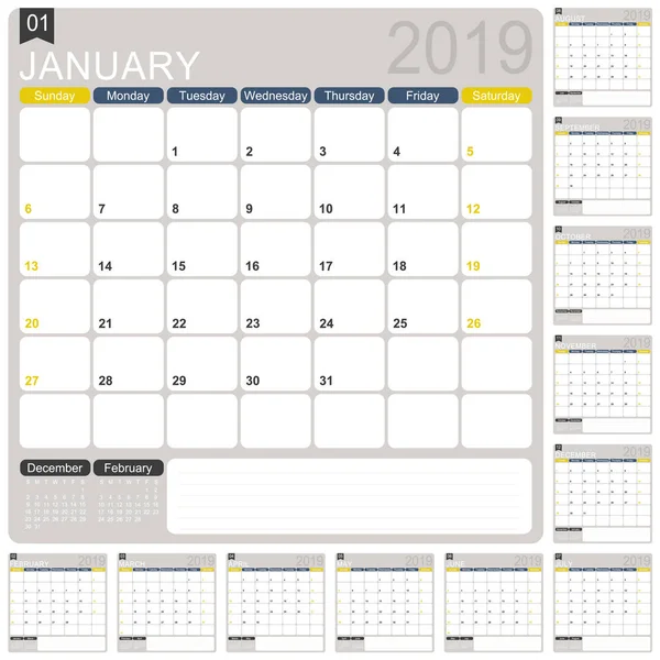 Αγγλικά Πρότυπο Ημερολόγιο Για Έτος 2019 Σύνολο Μήνες Εβδομάδα Ξεκινά — Διανυσματικό Αρχείο