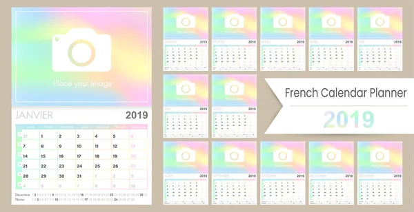 Francuski Kalendarz Planner 2019 Tydzień Rozpoczyna Się Poniedziałek Zestaw Miesięcy — Wektor stockowy