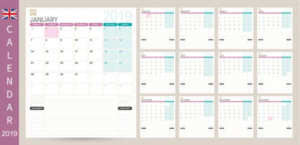 Engels Kalender Planner 2019 Week Begint Maandag Set Van Maanden — Stockvector