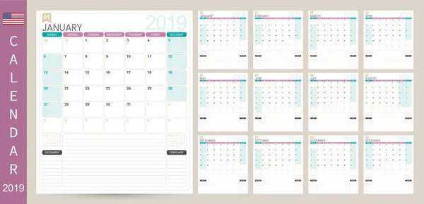 Planificador Calendario Inglés 2019 Semana Comienza Domingo Conjunto Meses Enero — Archivo Imágenes Vectoriales