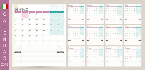 Planificador Calendario Italiano 2019 Semana Comienza Lunes Conjunto Meses Enero — Vector de stock