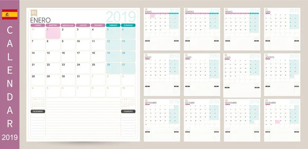 Planificador Calendario Español 2019 Semana Comienza Lunes Conjunto Meses Enero — Vector de stock